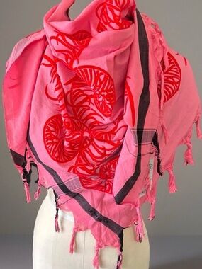 Leigh & Luca Candy Pink Black Red Flocked Fringed Cotton Silk Triangle Scarf New